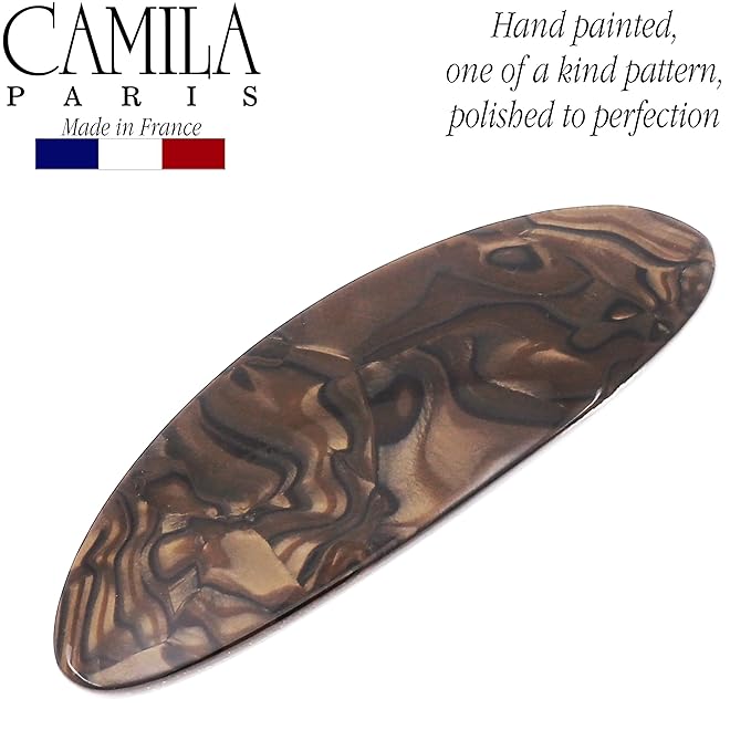Camila Paris CP3884 French Hair Barrette Clip Handmade Oval Brown, Strong Hold Grip Hair Clips for Women, No Slip Rubberized Metal Closure, Durable Styling Girls Hair Accessories, Made in France