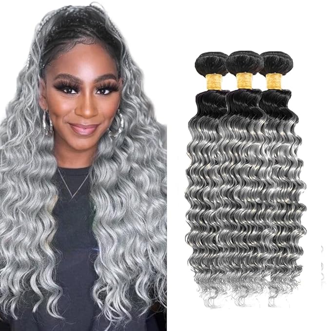 Grey Bundles Human Hair Ombre Deep Wave Bundle Brazilian Virgin Soft and Silky Remy Hair 3 Bundles 26 28 30 Inch Double Weft 2 Tone Black and Silver Deep Wave Bundle 300g