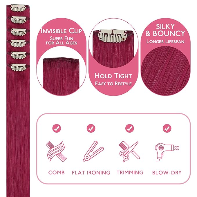 WENNALIFE Burgundy Red Clip in Hair Extensions Real Human Hair 35g 6pcs 18 Inch Colored Hair Extensions for Kids Women Colorful Hair Pieces Pop-up Style Straight Extensiones De Cabello Humano Con Clip