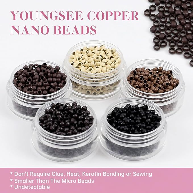 YoungSee Nano Ring Hair Extensions Ombre Nano Link Hair Extensions Balayage Light Brown with Platinum Blonde Nanobead Extension Real Human Hair Cold Fusion 50g 50s 18 Inch for Daily Confidence Boost