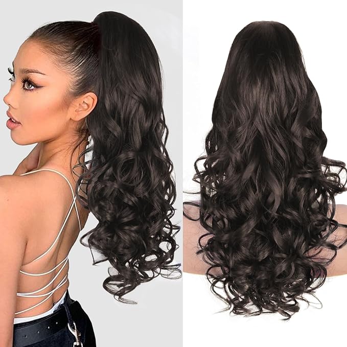 Dark Brown Ponytail Extension, 24 Inch Claw Clip ponytail extension, Soft Curly Clip on Ponytails for Women, Natural Synthetic Layered Pony Tails Hair Extensions (Color: Dark Brown)