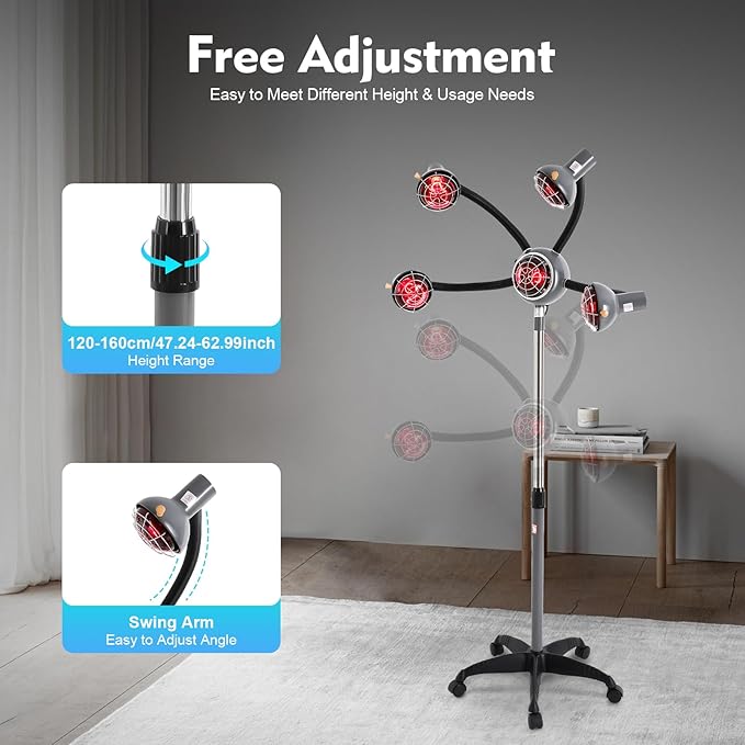 5 Head Infrared Light Heat Therapy Red Lamp, Salon Hair Steamer Perming Dyeing Adjustable Height Machine with Rolling Wheels, Infrared Dryer Hair Drying Care, Standing Infrared Heater (Black)