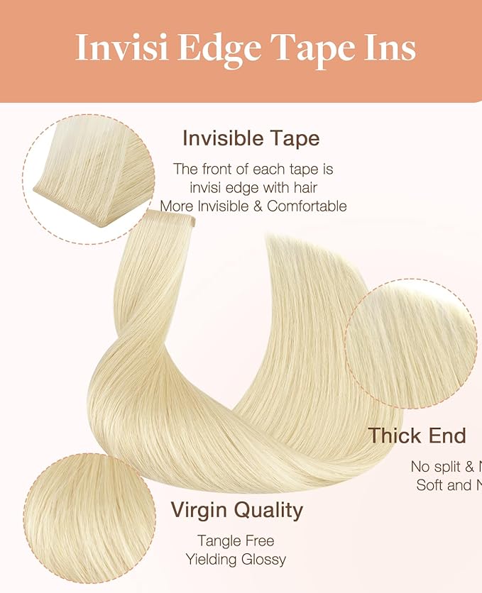 GOO GOO Invisi Edge Tape in Hair Extensions Human Hair, 613R Bleach Blonde 10pcs injected with 10pcs classical tape ins, 16inch 50g, Virgin Remy Hair, Natural Look