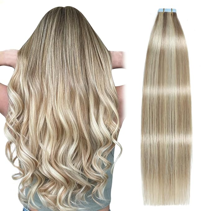 SUYYA Tape in Hair Extensions Human Hair Ash Blonde Highlighted Bleach Blonde 18 Inch 50g/pack 20pcs Straight Seamless Skin Weft Tape in Real Human Hair Extensions(18inch #P18/613)