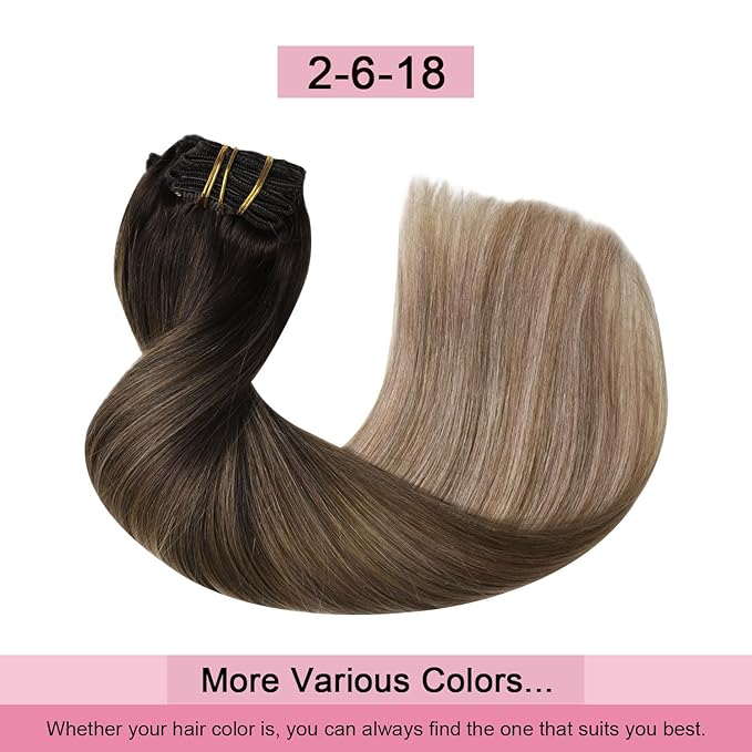 Pro2.0 Clip in Hair Extensions Real Human Hair 20inch 7pcs Color #2/6/18 Dark Brown to Dirty Blonde Remy Real Human Hair Extensions Clip ins 120g Thick Double Weft（#2/6/18-20inch）