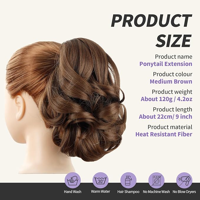 Brown Ponytail Extension,9" Short Curly Wavy Claw Clip in Ponytails Hair Extensions Natural Soft Synthetic Hairpiece for Women