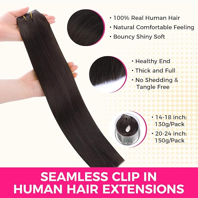 Lashey Seamless Clip in Hair Extensions Human Hair 130g 9pcs #2 Dark Brown Straight 16 Inch Hair Extensions Clip ins with Soft PU Hair Invisi Edge