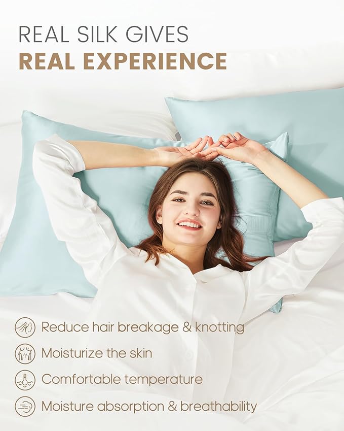 THXSILK Set of 2 Silk Pillowcase for Hair and Skin, 100% Mulberry Silk Bed Pillowcase Ultra-Soft, Hypoallergenic Soft Breathable Silk Pillow Case with Hidden Zipper, King Size 20"x36", Light Blue