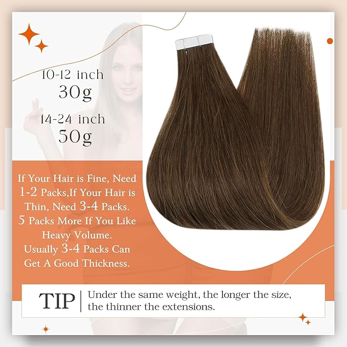 Full Shine Brown Tape in Hair Extensions Color 4 Brown Human Hair Tape in Extensions 24Inch Long Straight Extension 100G Remy Skin Weft 40Pcs Add Volume for Wedding Natural Brazilian