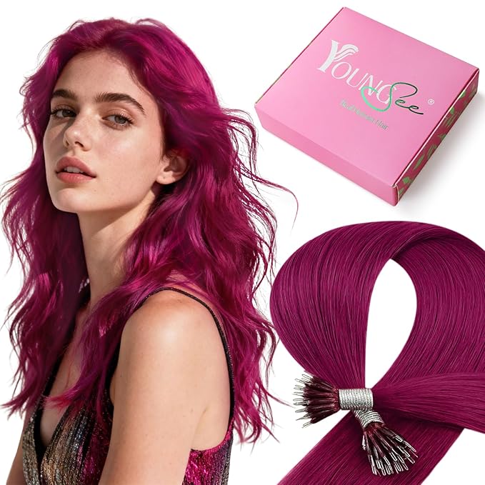YoungSee Nano Ring Hair Extensions Magenta Nano Human Hair Extensions Burgundy Nanobead Hair Extension Human Hair Colorful Nano Hair-Extension Colored for Role Playing 25s 25g 20inch