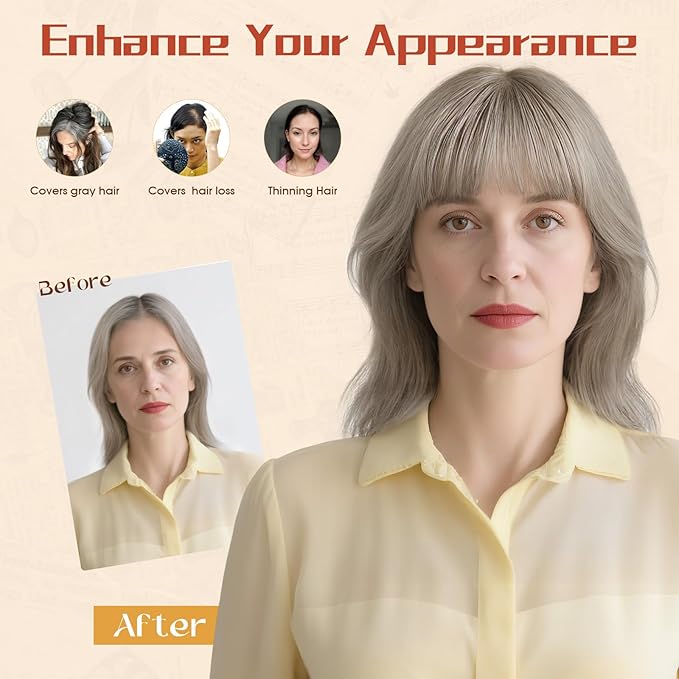 Rich Choices Human Hair Toppers for Women-100% Real Remy Hair Topper with 3D 360°Bang-Upgraded 150% Density 9 * 12CM Lace Base-Clip in Hairs topper for Thinning Hairs-14Inch #G3 Salt and Pepper Grey