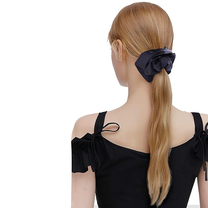 Large Satin Silk Scrunchies for Women,Scrunchie for Thick Hair Girl Hair Ties Ponytail Holders Jumbo Scrunchies(Black Navy-Blue Red Rose-Red) 4PCS