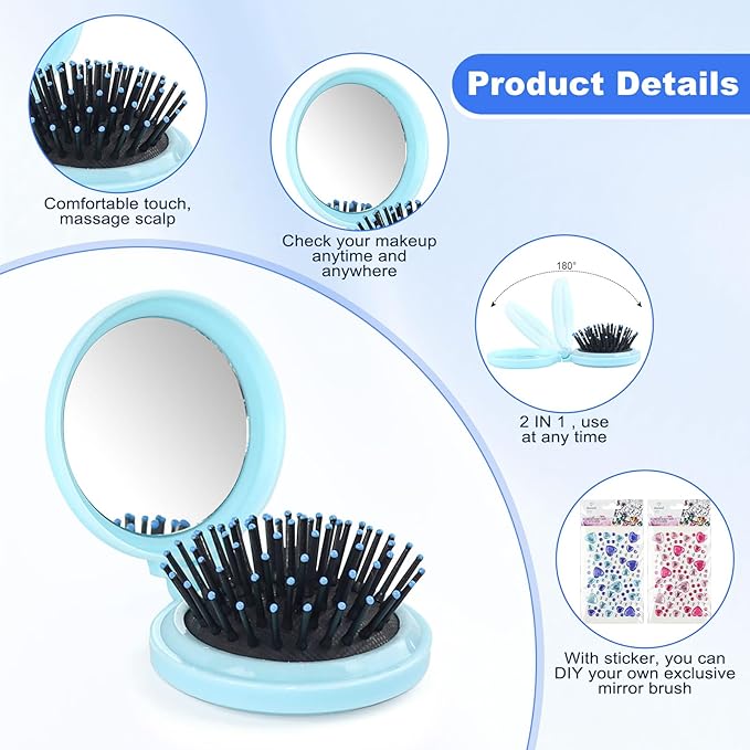 4 Colors Folding Mirror Hairbrush, 2 in 1 Compact Pocket Mirror Comb with DIY Stickers, Round Mini Pocket Makeup Mirror for Travel Women Girls (20 Pcs)