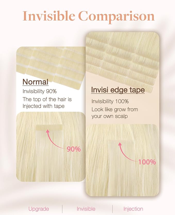 GOO GOO Invisi Edge Tape in Hair Extensions Human Hair, 60A Platinum Blonde 20pcs 18inch 50g, Virgin Remy Hair, Seamless Injected Tape, Natural Look