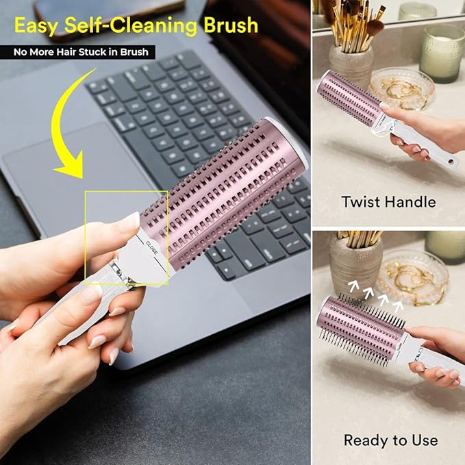 Curly Hair Brush Detangler Comb - Self Cleaning Hair Brushes for Women - Roller Retractable Travel Hairbrush - Rose Gold White Christmas Gifts