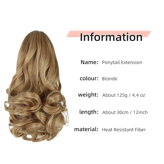Ponytail Extension, Clip on Ponytails for Women, 12" Claw Clip in Short Curly Wavy Pony Hair Extension for Women - Blonde