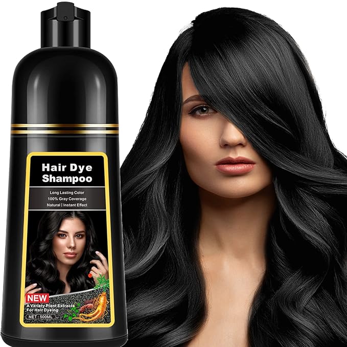 Instant Black Hair Dye Shampoo 3 in 1 for Men Women, Herbal Hair Color Shampoo for Gray Hair Coverage, Natural Champu Para Canas Easy to Use 17.6 FL OZ (Black)