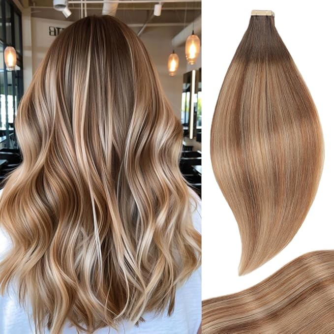 Tape in Hair Extensions Human Hair 20pcs Remy Hair Extensions 18 Inch Chestnut Brown to Light Brown Mixed Light Blonde Straight Invisible Human Hair Tape in Extensions (2/6/18K#,18 Inch)