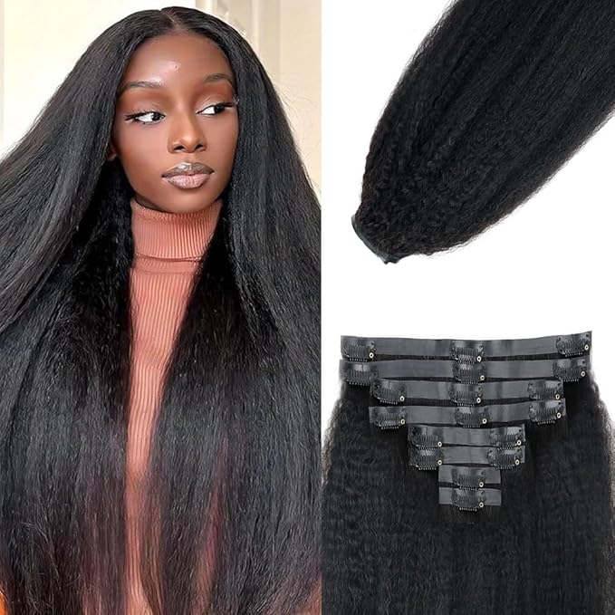 Seamless Kinky Straight Clip in Hair Extensions for Black Women Brazilian Virgin Human Hair Extensions 8Pcs Seamless Clip ins Human Hair with 18Clips Invisible PU Skin Weft 120g 14inch Natural Black