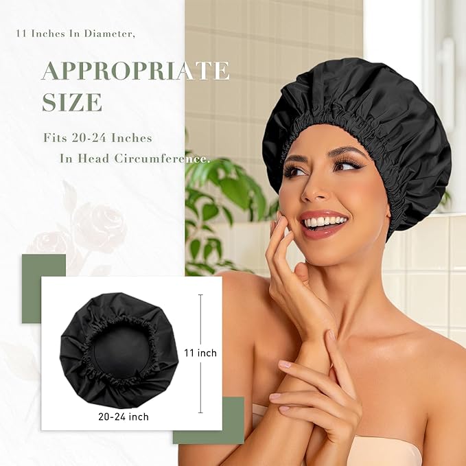 Reusable Shower Cap for Women, Large Waterproof Shower Bonnet Washable Elastic Band Bath Accessories Hair Hat for Long Hair, Braids(Black)