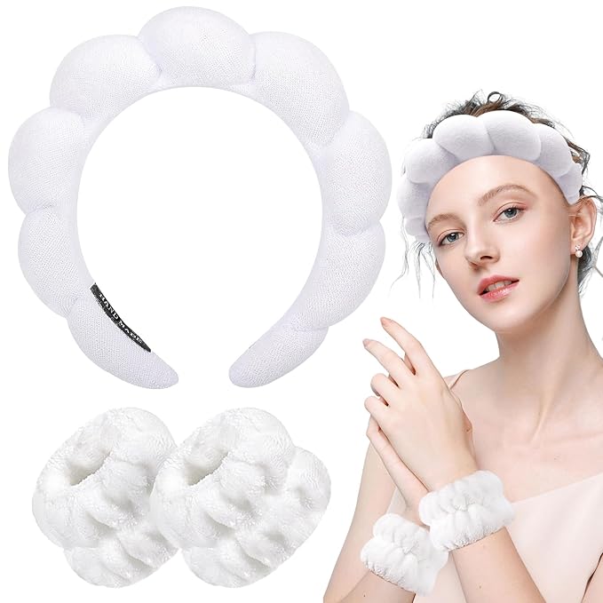 Zkptops Spa Headband for Washing Face Wristband Sponge Makeup Skincare Headband Bubble Soft Terry Cloth Hairband Christmas Birthday Gift for Women Girls Fashion Puffy Non Slip Thick Headwear (White)
