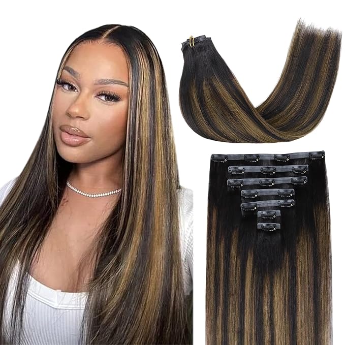 Lashey Hair Seamless Clip in Hair Extensions Human Hair 18 Inch 110g 7pcs Light Yaki Straight Human Hair Clip in Extensions Natural Black Mixed Chestnut Brown Hair Extensions for Women