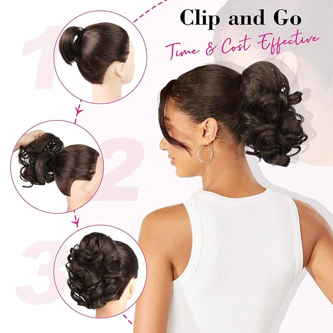 REECHO 9" Short Ponytail Extension, Classic Loose Curly Wavy Claw Clip Pony tails Hair Extensions HP001 Hairpieces for Women - Dark Brown with Highlights