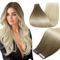 Full Shine Blonde Human Hair Extensions Tape in Color 3 Brown Ombre 8 Ash Brown Highlighted 613 Blonde 16Inch Double Sided Tape in Hair Extensions Human Hair 50G Seamless Remy Hair 20Pcs