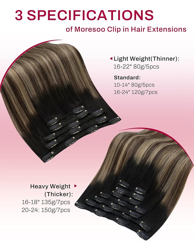 Moresoo Clip in Hair Extensions Real Human Hair Double Weft Human Hair Clip in Extensions Straight Balayage Ombre Black to Brown with Dark Blonde 5pcs 80g 20inch