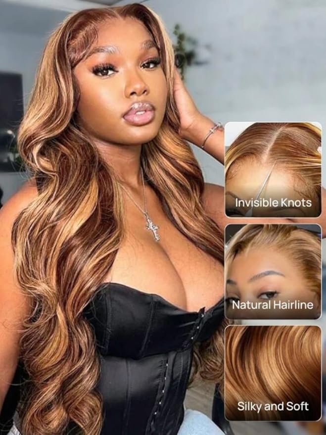 KLAIYI Bye Bye Knots Glueless Wig Highlight Blonde Body Wave Pre Cut 7x5 HD Lace Front Wigs Human Hair Pre Plucked Pre Bleached Pre Everything Wear and Go Wig 12A Ombre Brown 30S Ready To Wear 26Inch