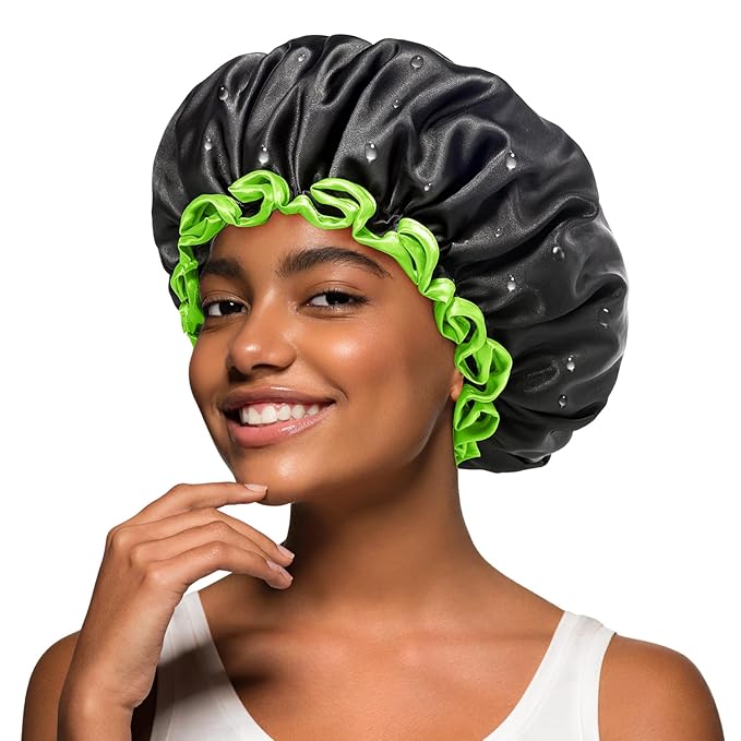 mikimini Black Shower Cap for Women, Men & Girls, 2 Packs Reusable Double Layers Waterproof Bathing Shower Hat with Soft Comfortable PEVA Lining, non-fading, Stretchy Shower Cap