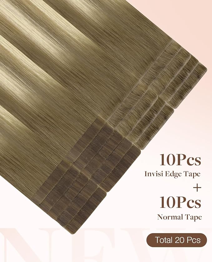 GOO GOO Invisi Edge Tape in Hair Extensions Human Hair, 9/60 Balayage Ash Brown to Platinum Blonde 10pcs injected with 10pcs classical tape ins, 16inch 50g, Virgin Remy Hair, Natural Look