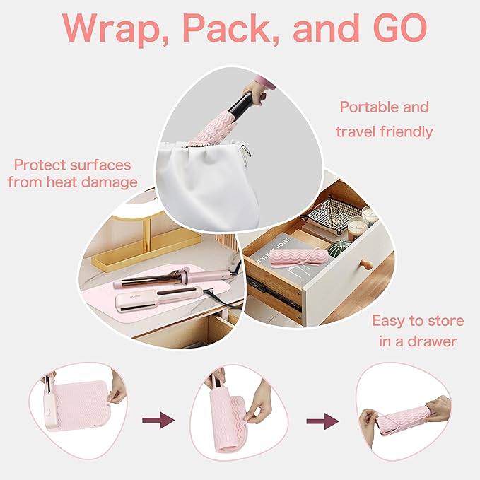 Heysam Heat-Resistant Silicone Mat and Heat Styling Tools Travel Mat Cover for Curling Irons, Hair Straighteners, Flat Iron, Professional Heat-Resistant/Non-Slip Mat for Countertop, 9"x6.5"-Blush