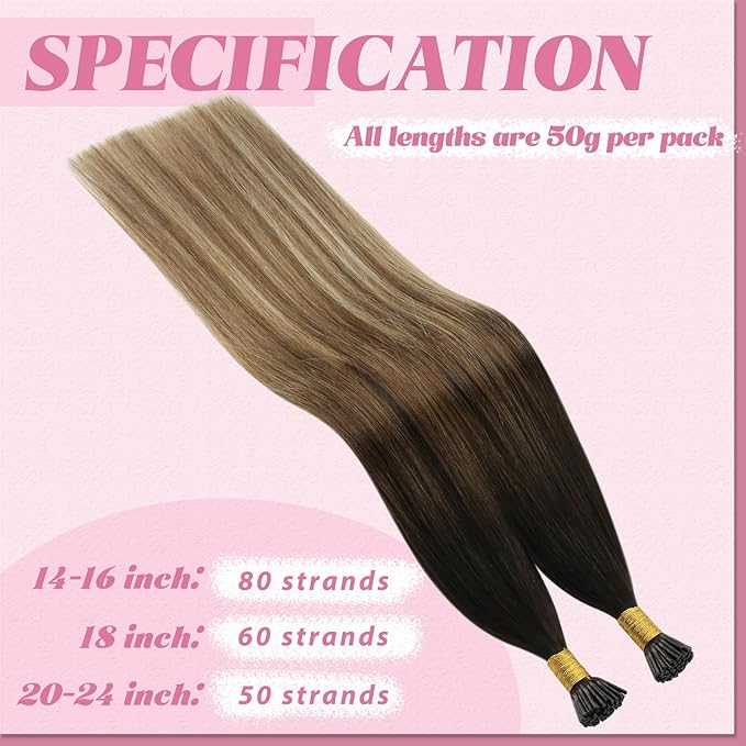 YoungSee Itip Hair Extensions Brown Balayage 14 Inch I Tip Hair Extensions Human Hair Dark Brown Ombre Medium Brown with Blonde Itip Hair Extension Real Human Hair Short Straight Hair 80s 50g