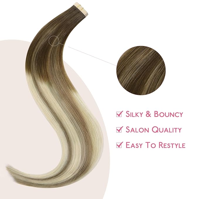 WENNALIFE Tape in Hair Extensions Human Hair Ombre Walnut Brown to Ash Brown and Bleach Blonde Tape in Extensions, 10pcs 20g 10 inch Remy Invisible Tape Ins Straight Real Human Hair Tape in Extensions