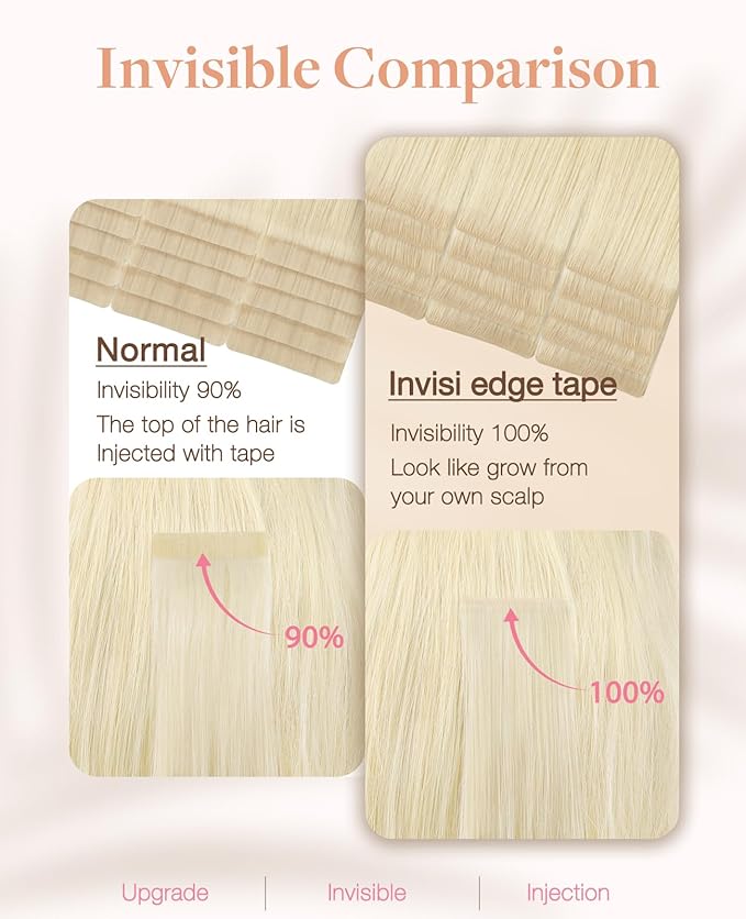 GOO GOO Invisi Edge Tape in Hair Extensions Human Hair, 613R Bleach Blonde, 20pcs 14inch 50g, Virgin Remy Hair, Seamless Injected Tape, Natural Look