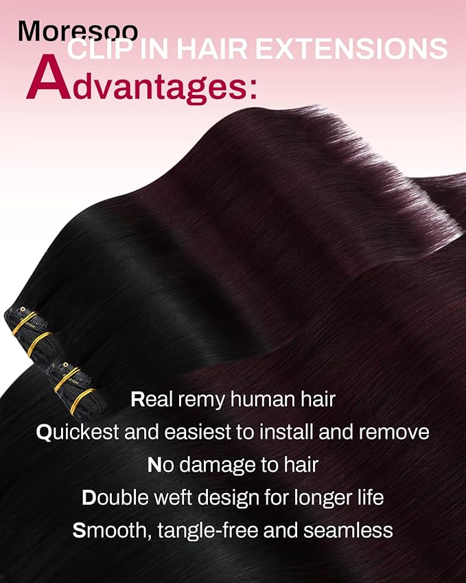 Moresoo Dark Red Clip in Hair Extensions Human Hair Black to Burgundy Balayage for Women Ombre Natural Black to Deep Red Hair Extensions Clip ins Short 10inch Double Weft 80g/5pcs