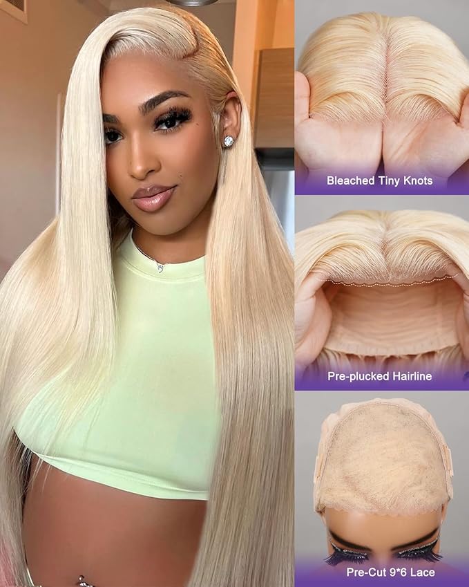 613 Lace Front Wig Human Hair 180% Density Wear and Go Glueless Wigs Human Hair Blonde Wig Human Hair Pre cut Lace Pre Plucked Real Bleached Knots (24inch,9X6 Straight Wig)