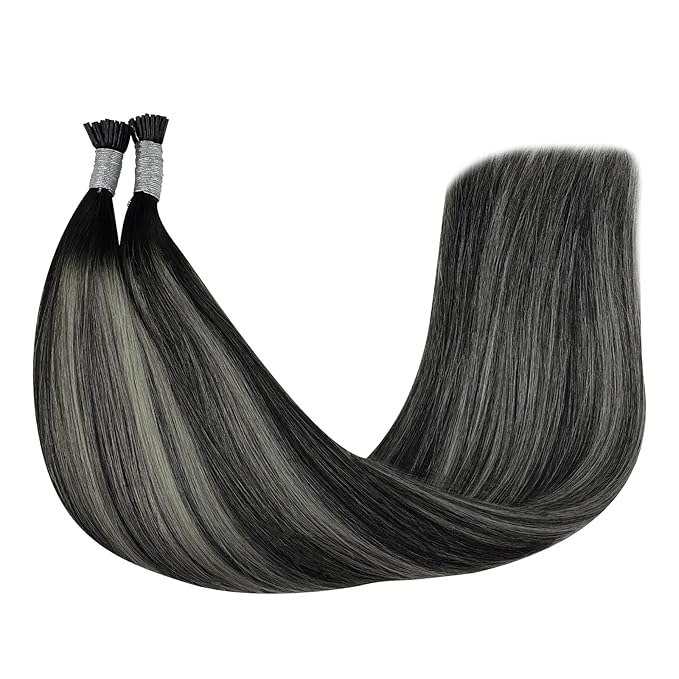 YoungSee I Tip Hair Extensions Balayage Black Itips Hair Extensions Human Hair Ombre Black with Silver Itip Hair Extension Real Human Hair 18 Inch Itip Extension 60s 50g for Photo Shoots