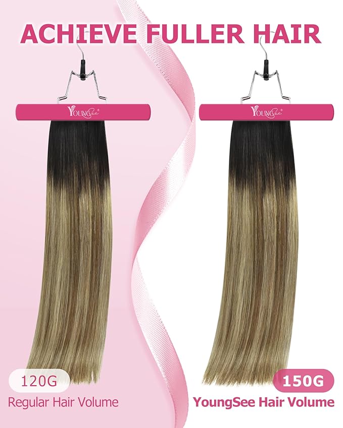 YoungSee 150g Clip in Human Hair Extensions Balayage Clip on Hair Extensions for Women Ombre Human Hair Extension Clip ins Dark Brown Roots to Medium Brown with Blonde Rmey Hair 20in 7pcs