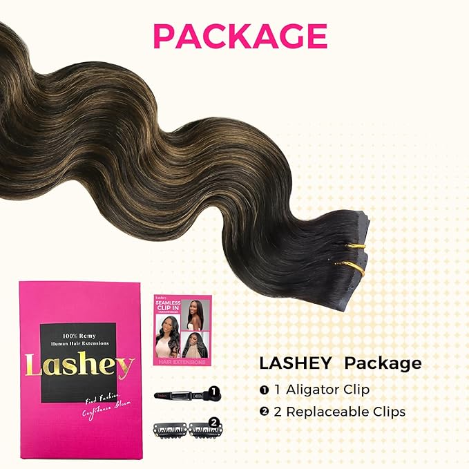 Lashey Seamless Clip in Hair Extensions Human Hair 130g 9pcs 16 Inch Body Wave Natural Black Mixed Chestnut Brown Clip in Hair Extensions for Women