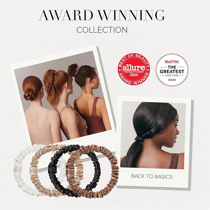SLIP Amazon Exclusive Skinny Scrunchies: Anti-Crease, Anti-Breakage Slipsilk™ Design Protects Delicate Hair | Includes 3 Pure Silk Scrunchies, Basics