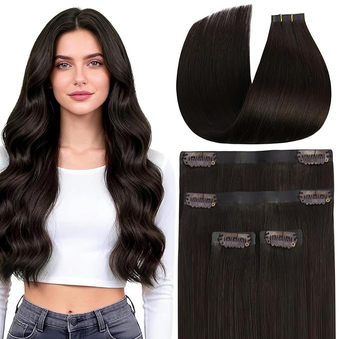 Full Shine Dark Brown Hair Extensions,4Pcs Seamless Clip in Hair Extensions Real Human Hair, PU Weft Remy Long Straight Hair Fill ins for Women Thickness, 20Inch 95g
