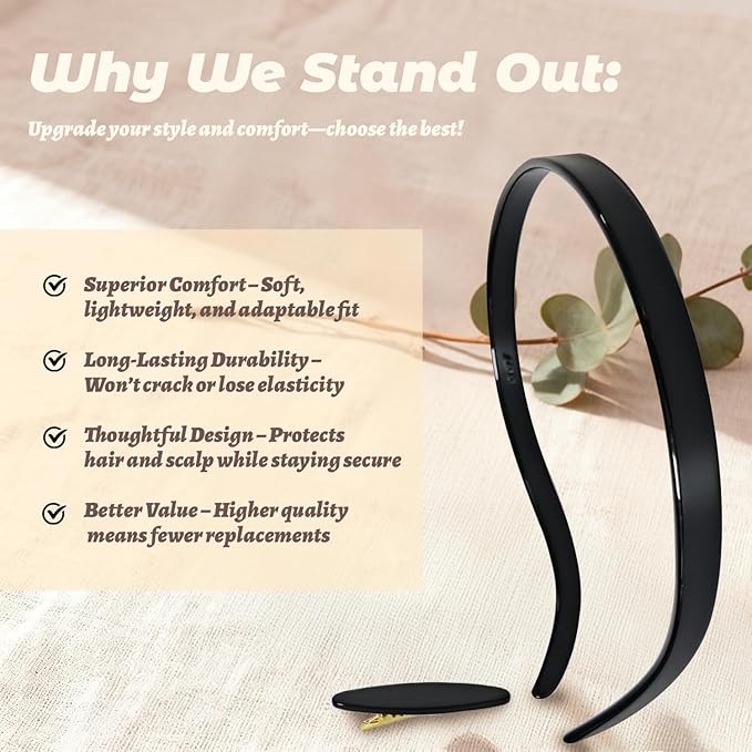 Hair Bands Eyewear-Friendly Design, Hairbands for Women - Non-Slip Thin Headbands with Teeth, No Pressure & No Headache Sunglasses Headband (Black)