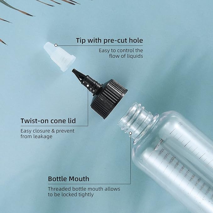 driew Applicator Bottles for Hair, 16.9oz Hair Squeeze Bottle for liquids Twist-On Top Tip Cap with Ratio Graduated Scale Color Applicator Bottle Dye Pack of 2 (8.5oz)