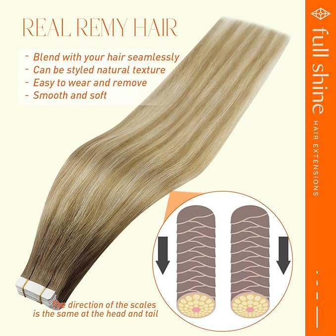 Full Shine Tape in Hair Extensions 16Inch Tape in Human Hair Extensions Brown 6 Fading to 27 And 60 Platinum Blonde Balayage Real Seamless Invisible Hair Eaxtensions Tape in 20Pcs 50G
