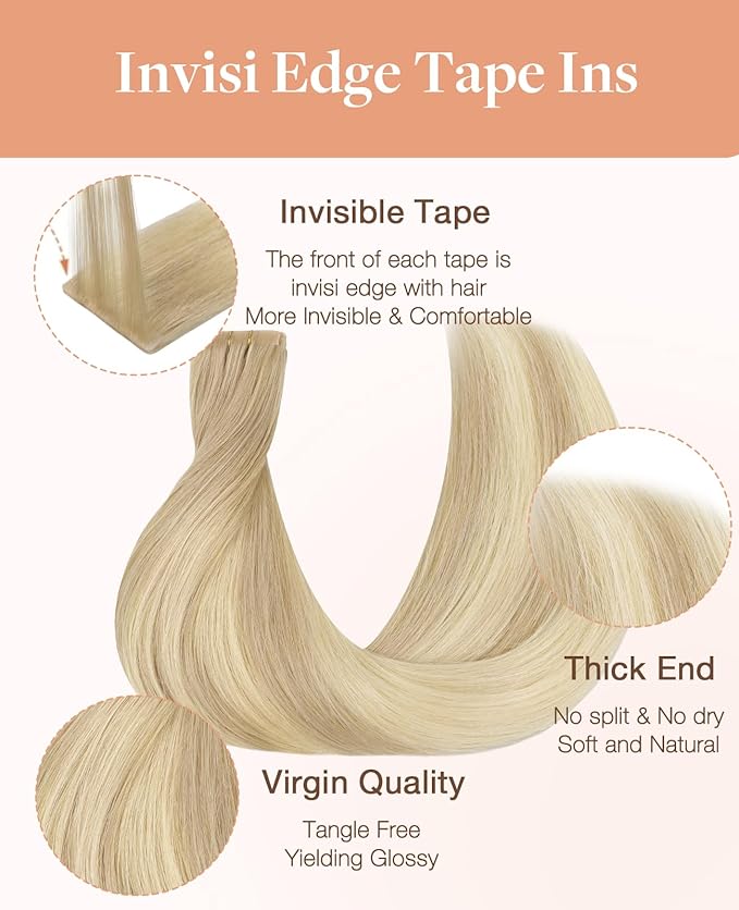 GOO GOO Invisi Edge Tape in Hair Extensions Human Hair, 18ET90A Natural Blonde Balayage, 10pcs 22inch 30g, Virgin Remy Hair, Seamless Injected Tape, Natural Look