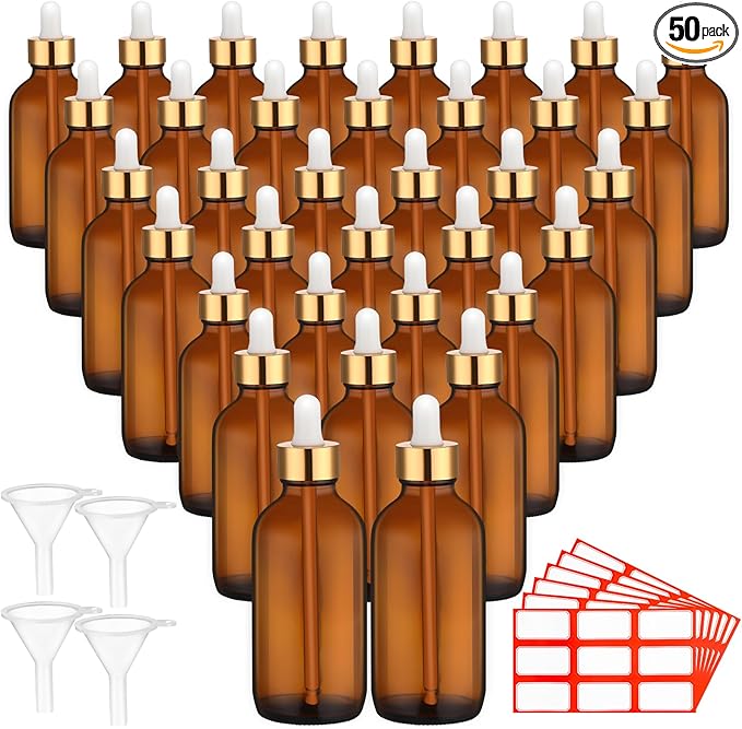 Dandat 50 Pack 4 oz Glass Dropper Bottles Leakproof 120 ml Glass Tincture Bottles with Eye Droppers, 4 Funnels, 54 Labels for Essential Oil Perfumes Hair Oil(Dark Brown)