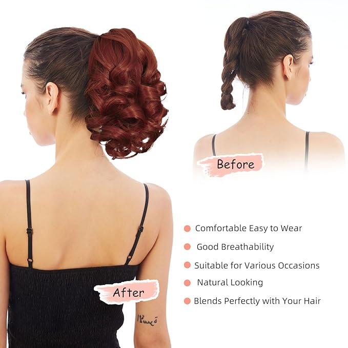 Ponytail Extension, Clip on Ponytails for Women, 9" Claw Clip in Short Curly Wavy Pony Hair Extension for Women - Red