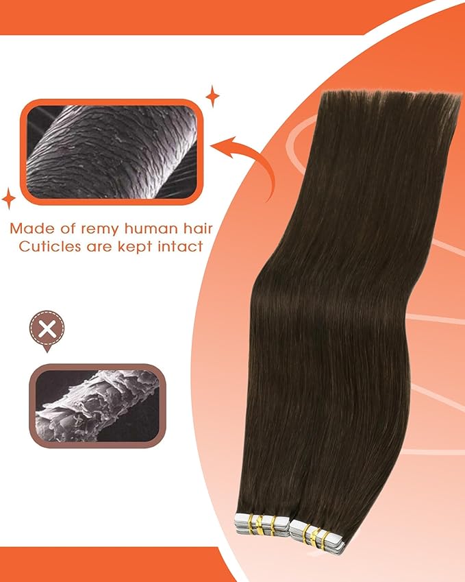 Sunny Hair Tape in Hair Extensions Real Human Hair Invisible Remy Hair Extensions Tape ins for Women Dark Brown 22 inch 25G